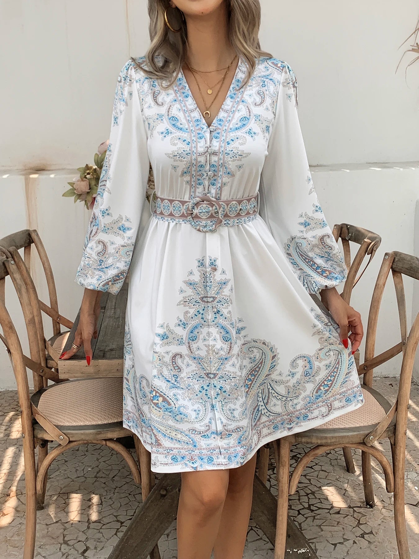Women's Bohemian Dress - Vintage V-Neck Ruffled Maxi Dress with Belt, Floral Print, Lantern Sleeves & Button Down, Casual Short