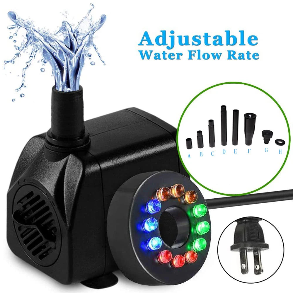 15W Ultra-Quiet Submersible Water Pump With 12 LED Lights Aquarium Water Fountain Pump Filter Fish Tank Pond LED Water Pump D30