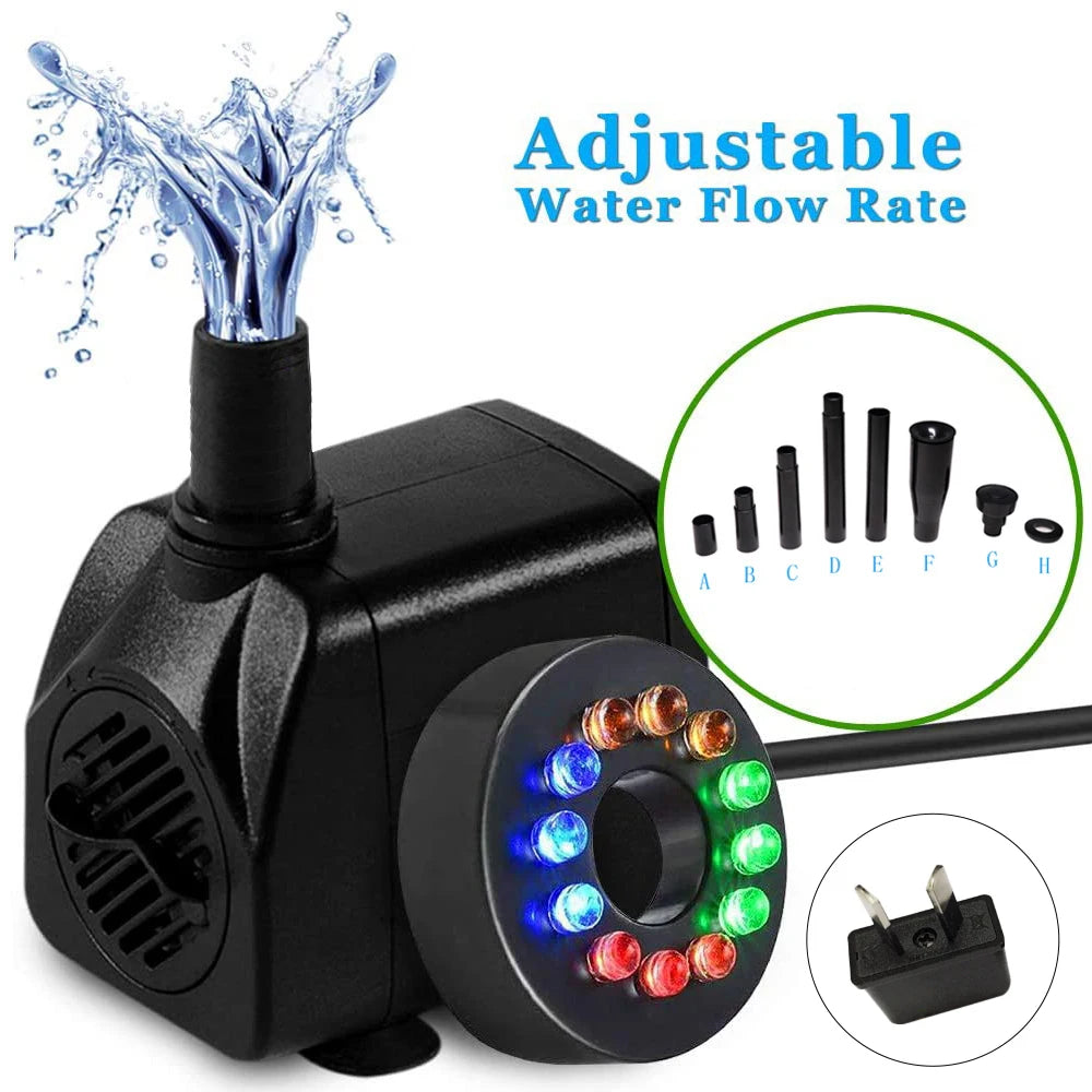 15W Ultra-Quiet Submersible Water Pump With 12 LED Lights Aquarium Water Fountain Pump Filter Fish Tank Pond LED Water Pump D30