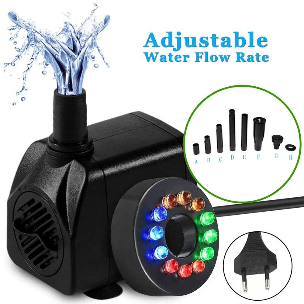 15W Ultra-Quiet Submersible Water Pump With 12 LED Lights Aquarium Water Fountain Pump Filter Fish Tank Pond LED Water Pump D30