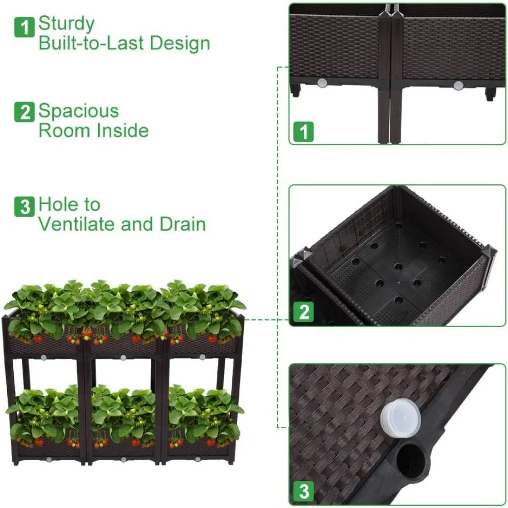 VINGLI Square Raised Garden Bed, Self-Watering Plastic Planter for Indoor Outdoor Vegetables, Fruits, Potato, Flowers, All Weath
