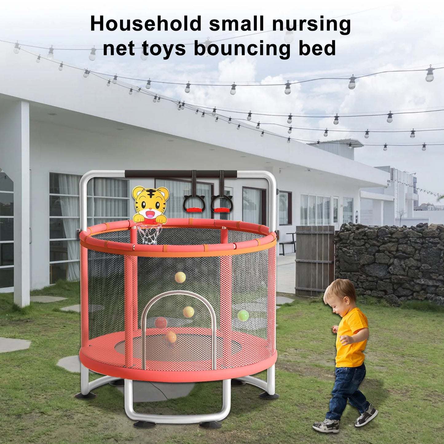 Kids Trampoline Adjustable Baby Toddler Trampoline with Basketball Hoop, Swing, Sandbag, Ocean Balls, Enclosure Net