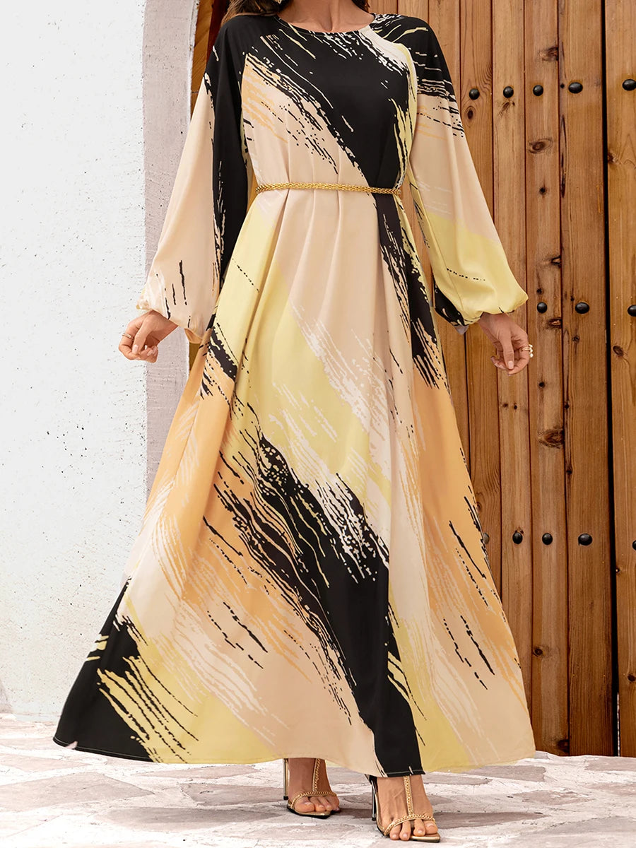 Elegant Floral Print Maxi Dress with Long Sleeves and Round Neckline Loose Fit Abaya Robe for Women s Fashion