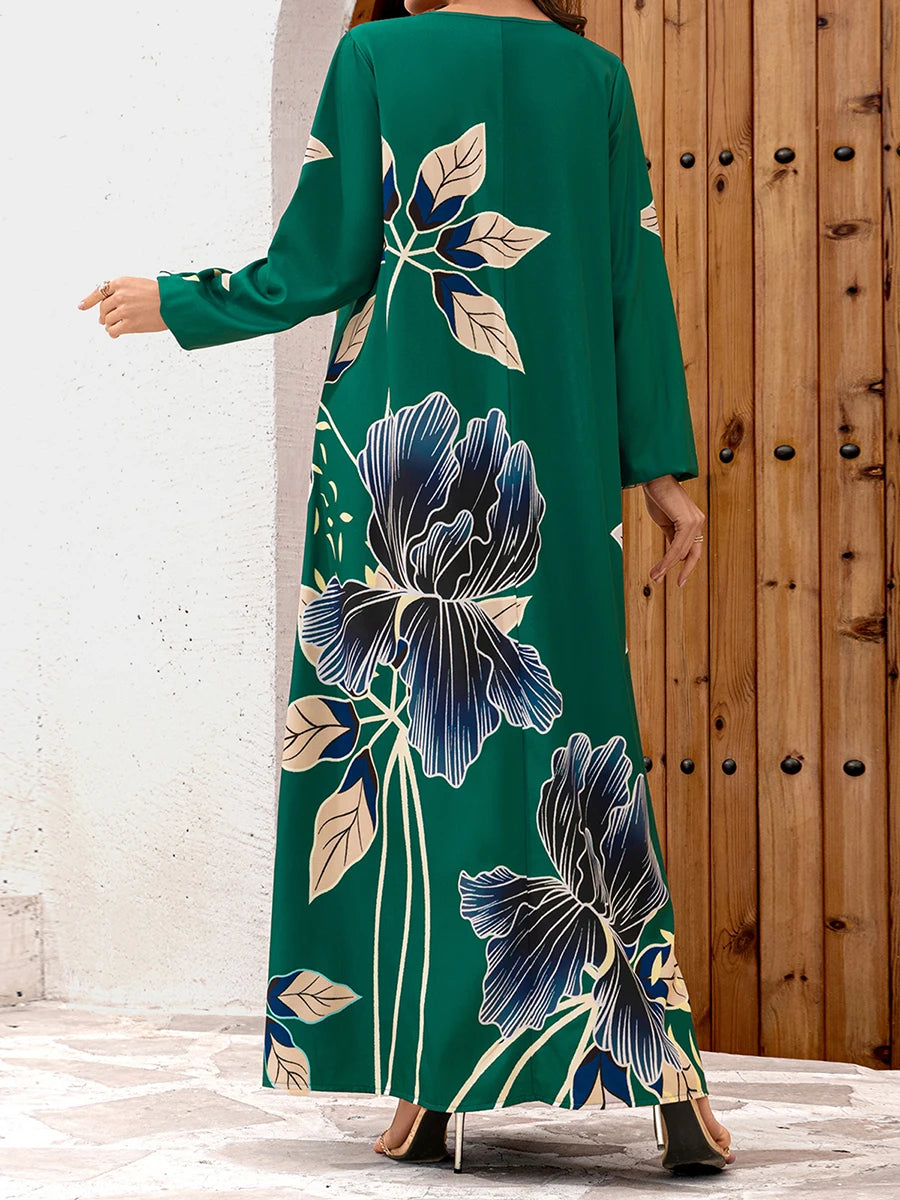 Elegant Floral Print Maxi Dress with Flowy Silhouette and Long Sleeves Inspired by Middle Eastern Fashion Trends