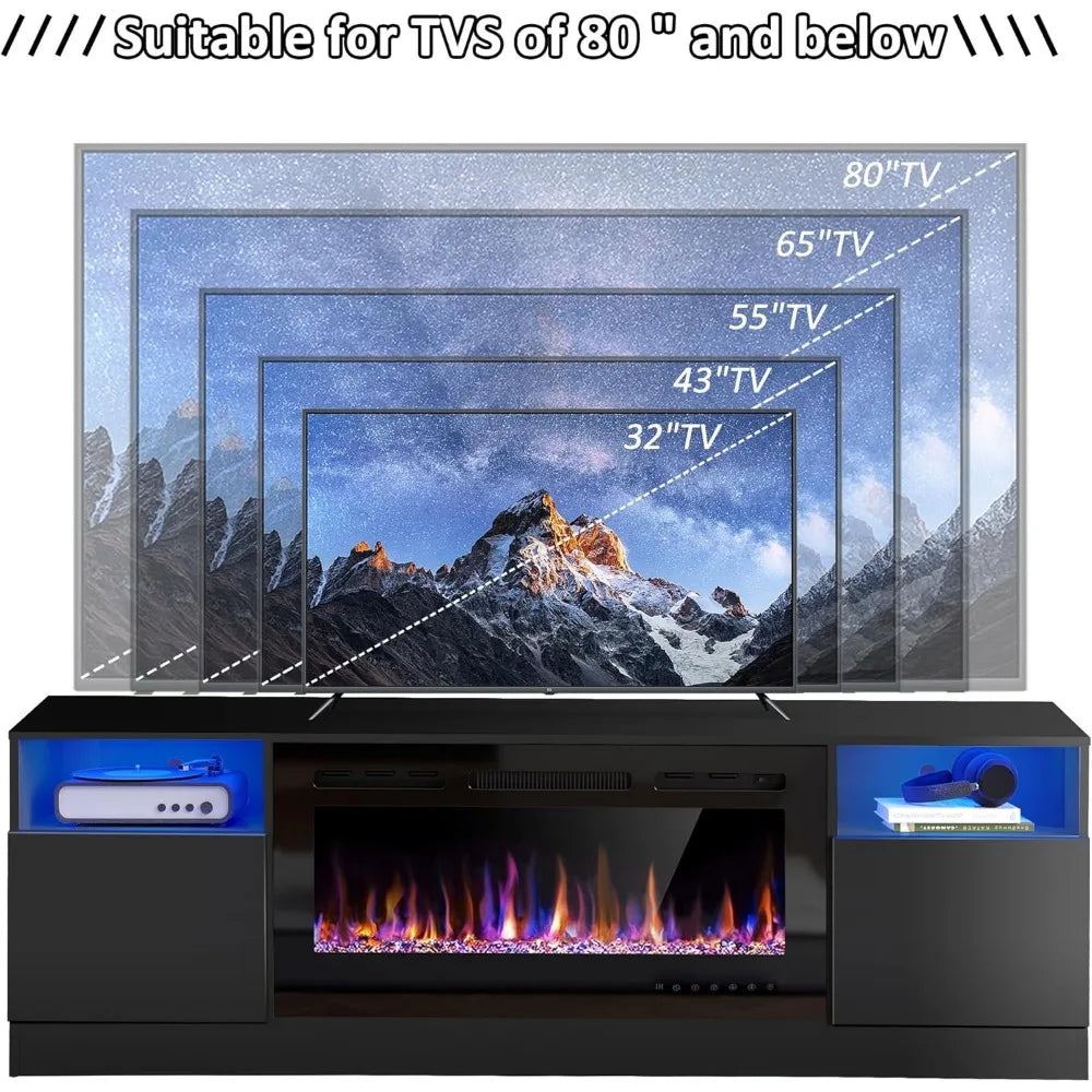 70" Fireplace TV Stand for TVs Up to 80" with 36" Electric Fireplace, TV Console for The Living Room, LED Light Entertainment C