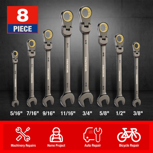 WORKPRO FlexHead Ratcheting Wrench Set 72 Teeth CRV