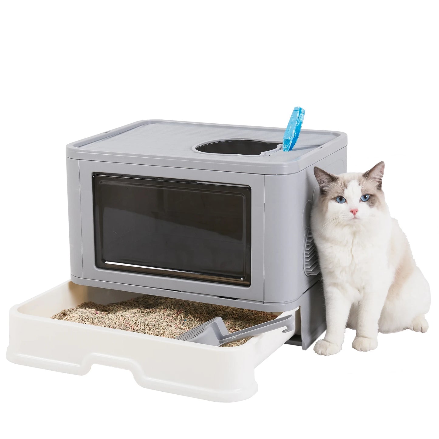 Foldable Cat Litter Box with Massager Litter Scoop