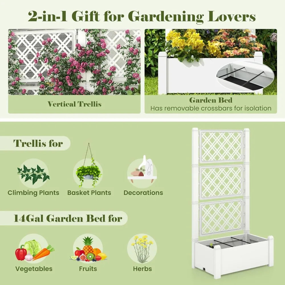 Self Watering Raised Garden Bed, Garden Planter Box with 59" Lattice Trellis, Drainage Hole & Water Level Indicator, Outdoor Sta