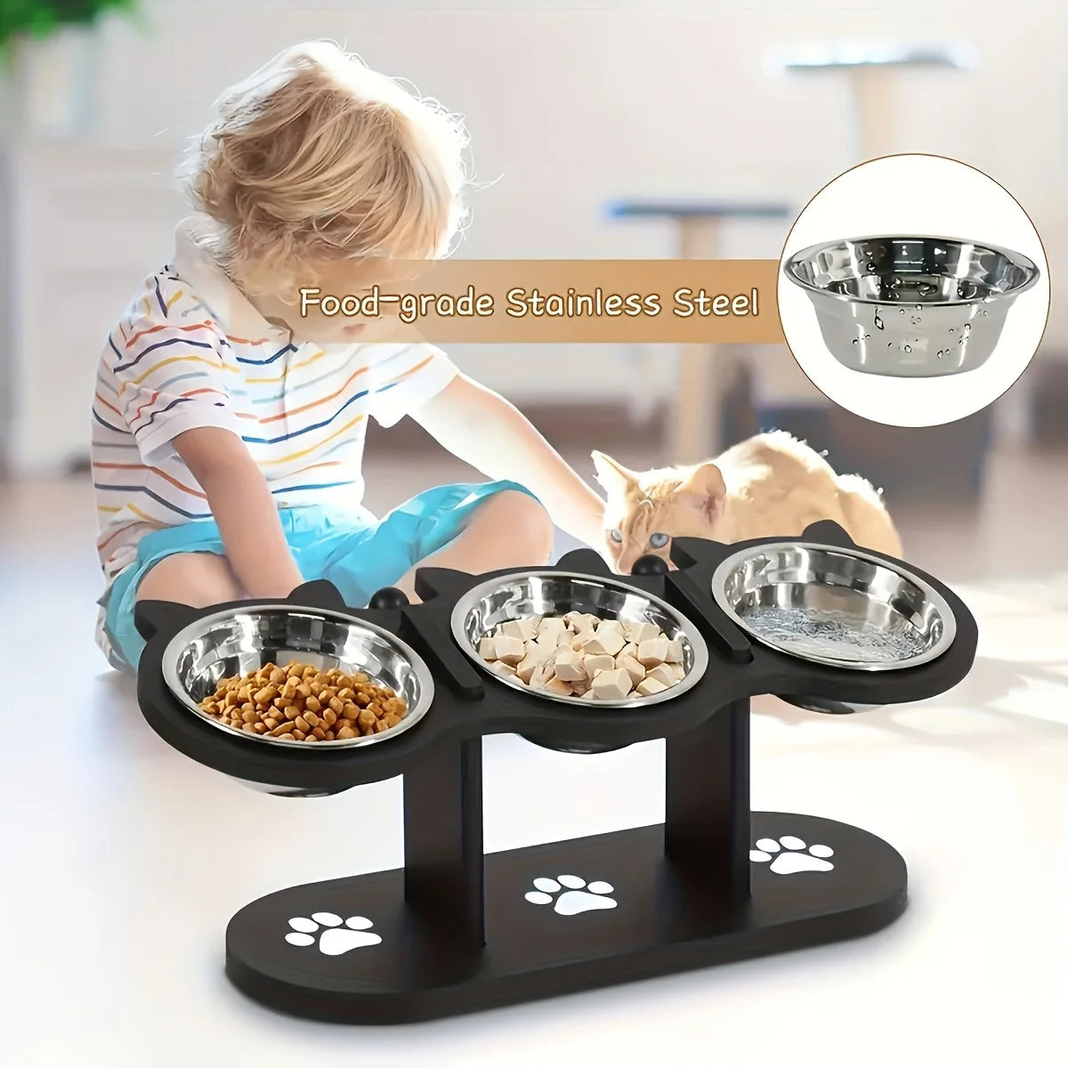 Hign-concerned Elevated Tilted Cat Bowls Set With Wooden Stand And Anti Vomiting Stainless Steel Bowls