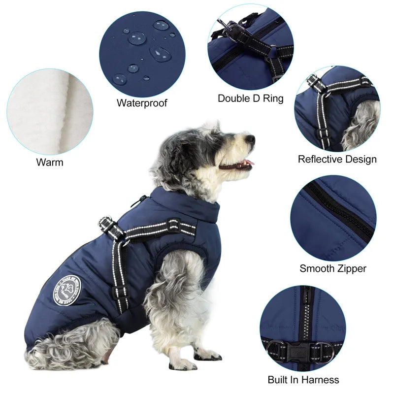 Guangdong Winter Warm Dog Jacket Waterproof Coat With Harness Fleece Lined Pet Outerwear
