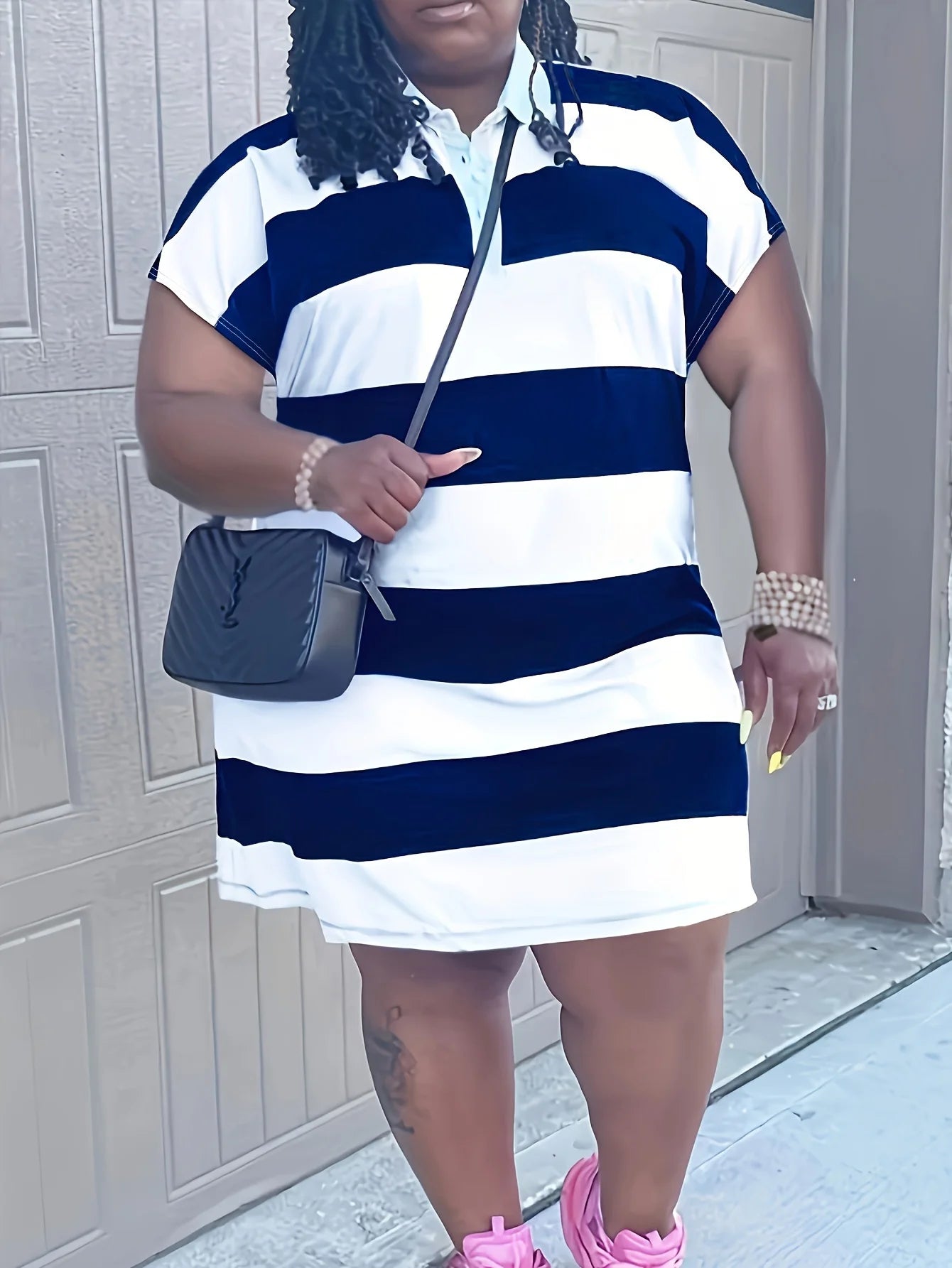 Fashionable Large Size Striped Print Lapel Short Sleeve Dress