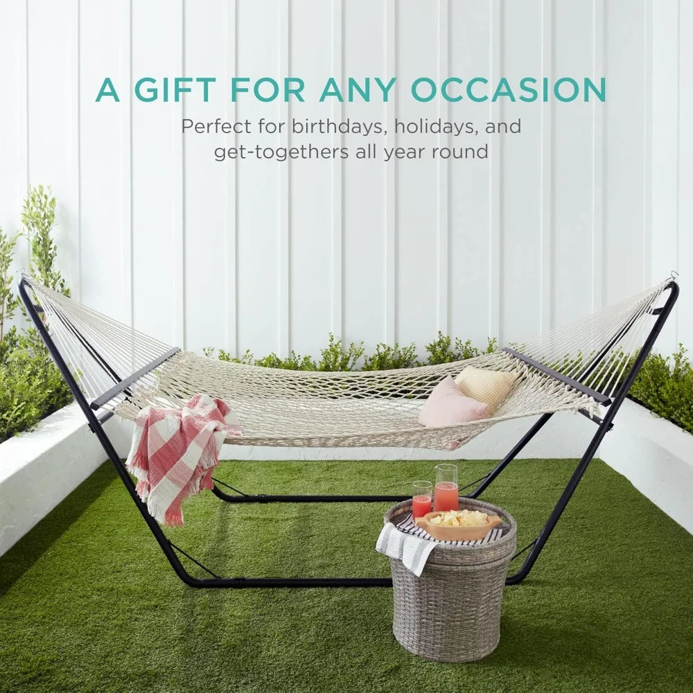 2-Person Double Hammock, Outdoor Woven Cotton Rope Hammocks for Backyard, Patio w/Spreader Bars, Carrying Case