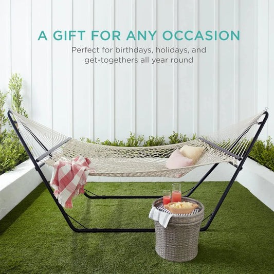 2-Person Double Hammock, Outdoor Woven Cotton Rope Hammocks for Backyard, Patio w/Spreader Bars, Carrying Case