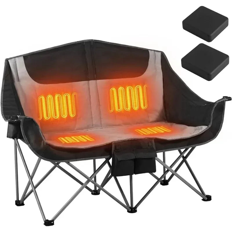 Home.Heated Double Camping Chair, 2-Person Folding Chair with 12V 16000mAh Battery Pack, Heated Portable Loveseat Chair