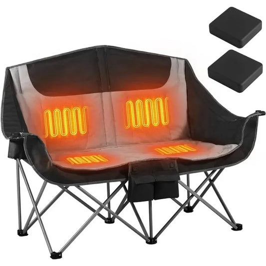 Home.Heated Double Camping Chair, 2-Person Folding Chair with 12V 16000mAh Battery Pack, Heated Portable Loveseat Chair
