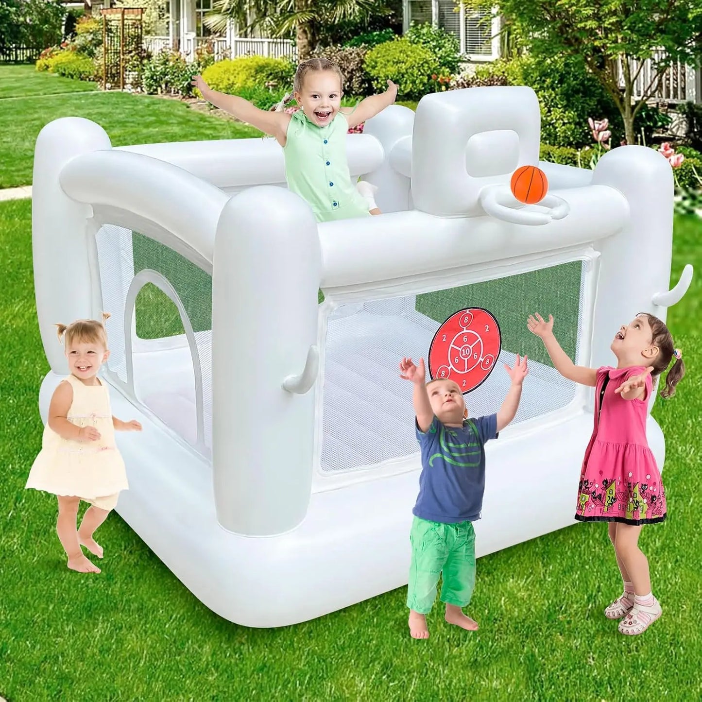 White Bounce House with Pump for Kids 3 to 6 Indoor Outdoor Fun