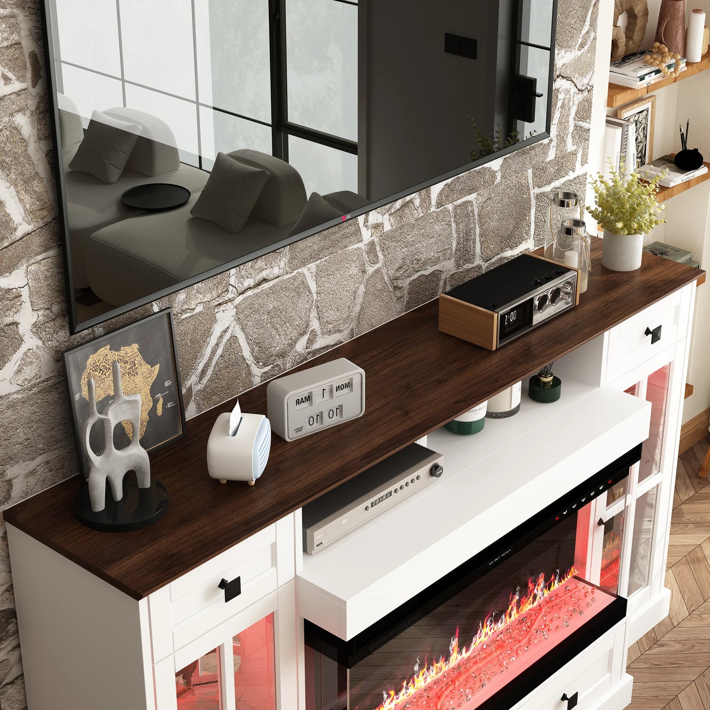 FUFU&GAGA Modern 55'' White Fireplace TV Stand with 12-Color LED Flames, Remote Control, Adjustable Heat & RGB Cabinet Lighting