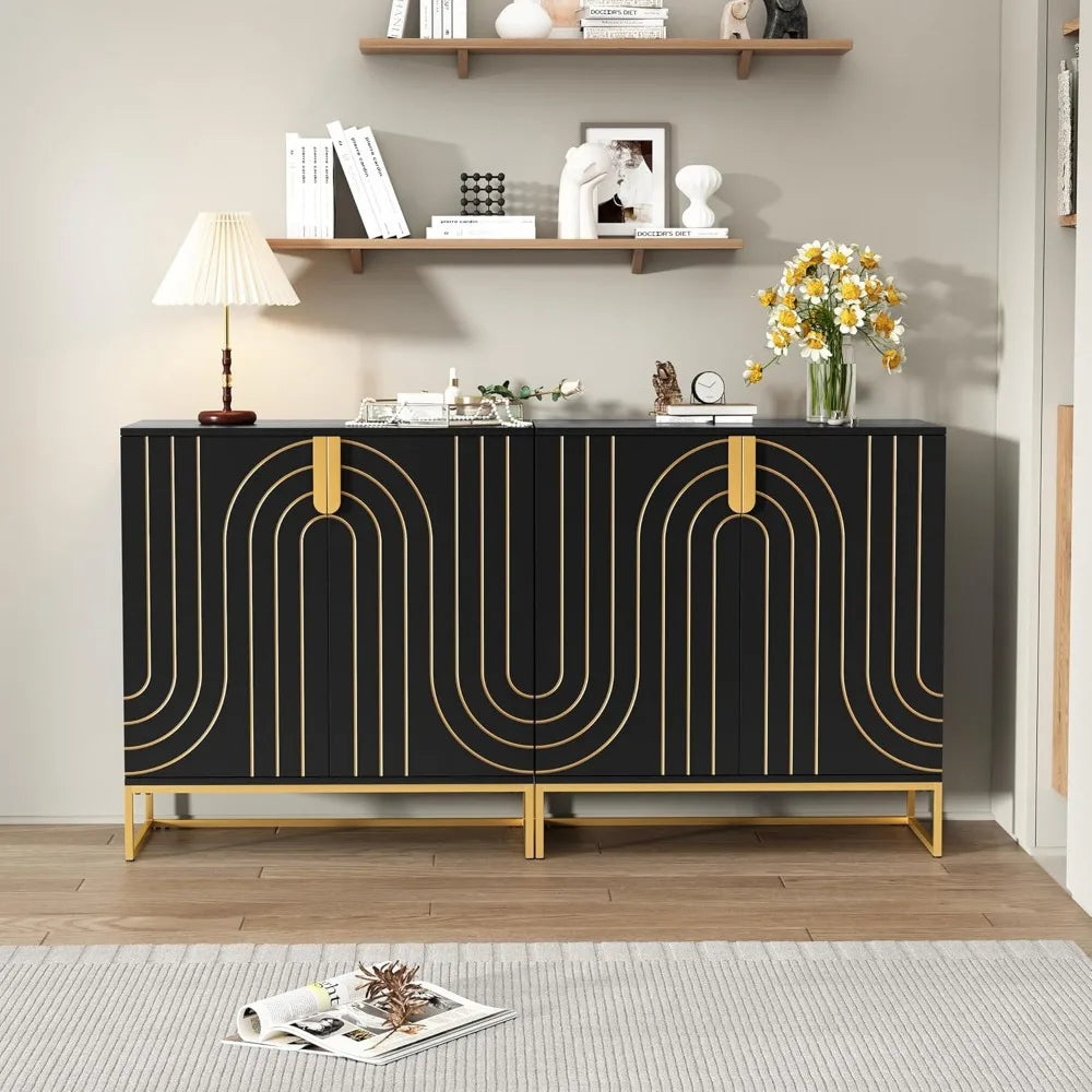 Accent Wood Grain Cabinet with 2 Doors, Storage Cabinet Sideboard with Gold Metal Legs for Living Room,Entryway and Kitchen Din