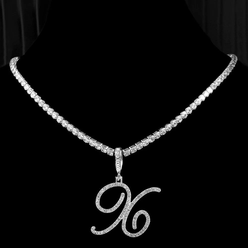 Caraquet Cursive Alphabet Name Necklace CZ Chain Pendant