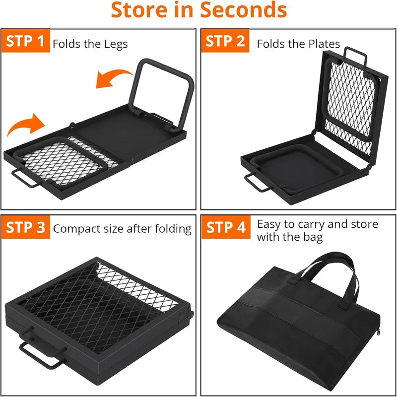 Folding Campfire Grill, Heavy Duty Steel Mesh Grate, Portable Camping Grates Over Fire Pit, Camp Fire Cooking, Grilling Rack