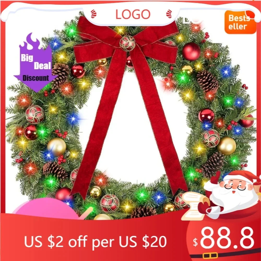XMSJ Outdoor Christmas Wreath With 200 LED Lights Exterior