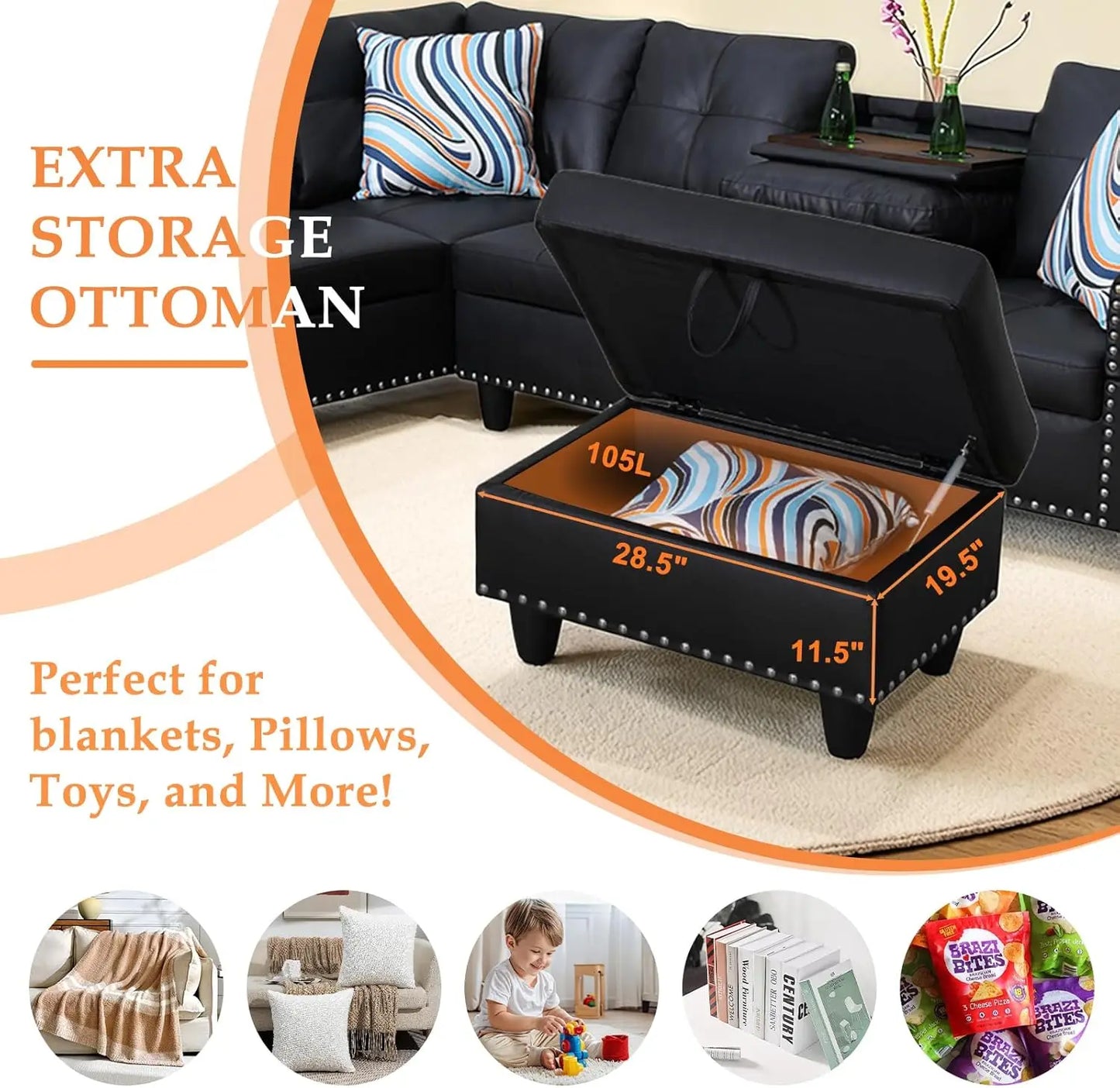 XMSJ Sectional Sofa Modern PremiumQuality SyntheticLeather Living Room Chaise Ottoman