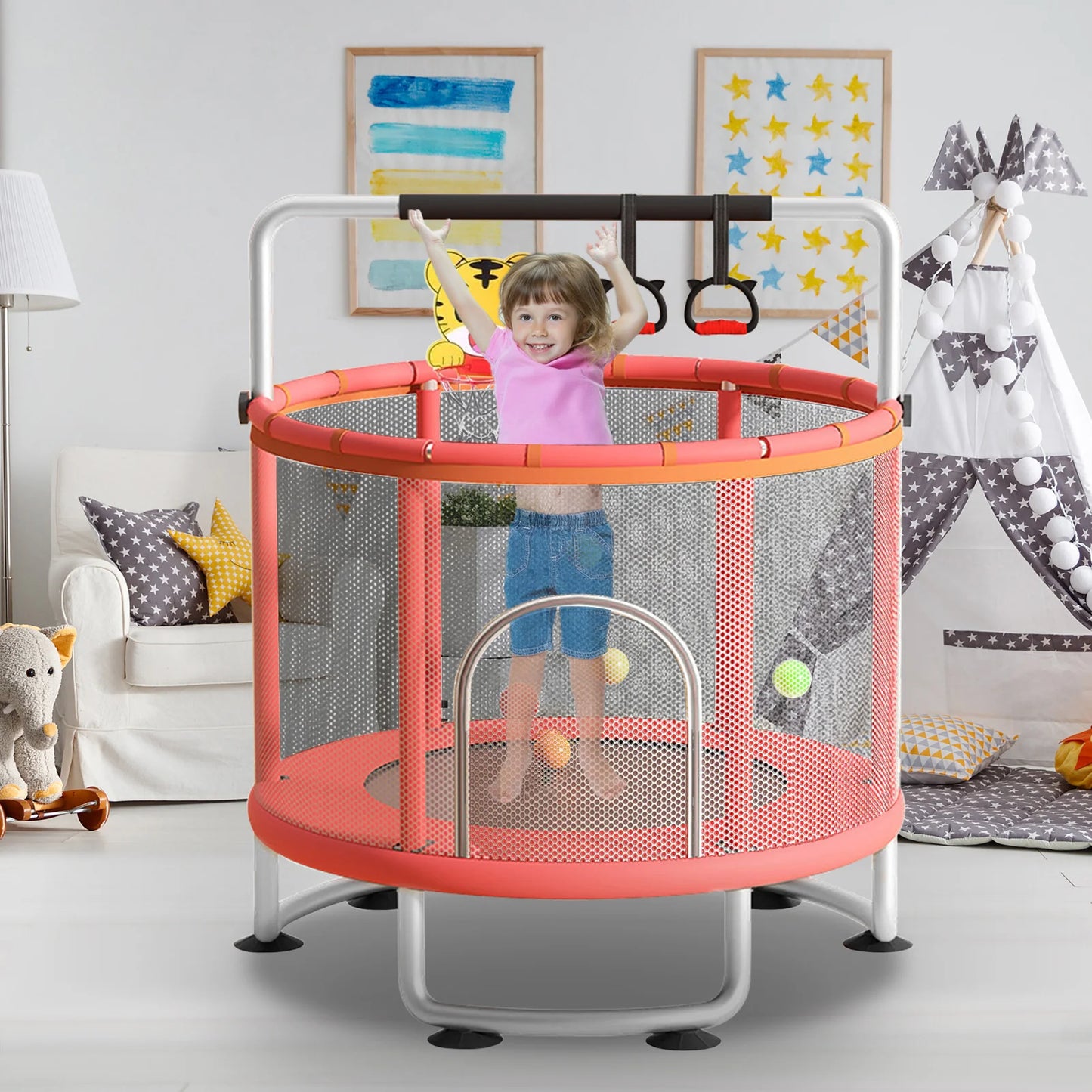 Kids Trampoline Adjustable Baby Toddler Trampoline with Basketball Hoop, Swing, Sandbag, Ocean Balls, Enclosure Net