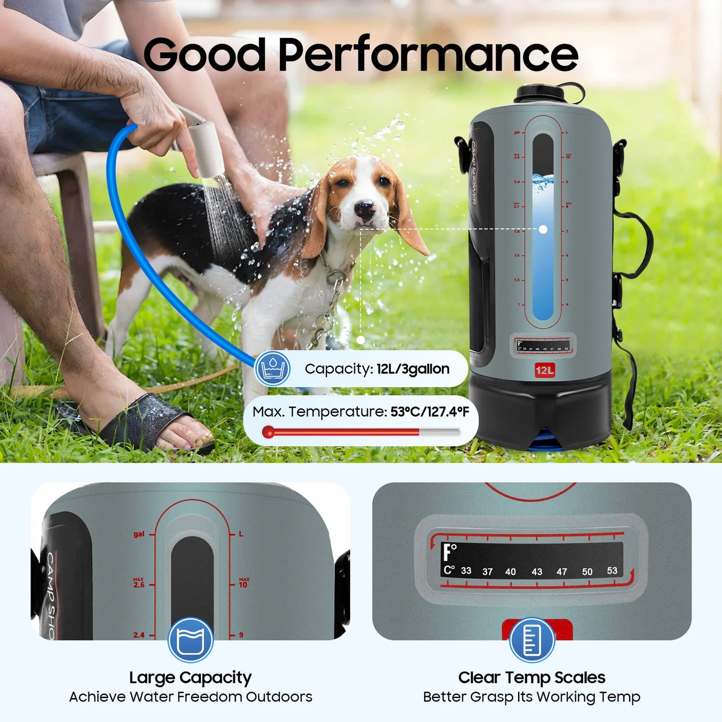 12L/3gallon Portable Pressure Camp Shower with Detachable Double Shoulder Strap, Bag Shower for Hiking Outdoor Climbing