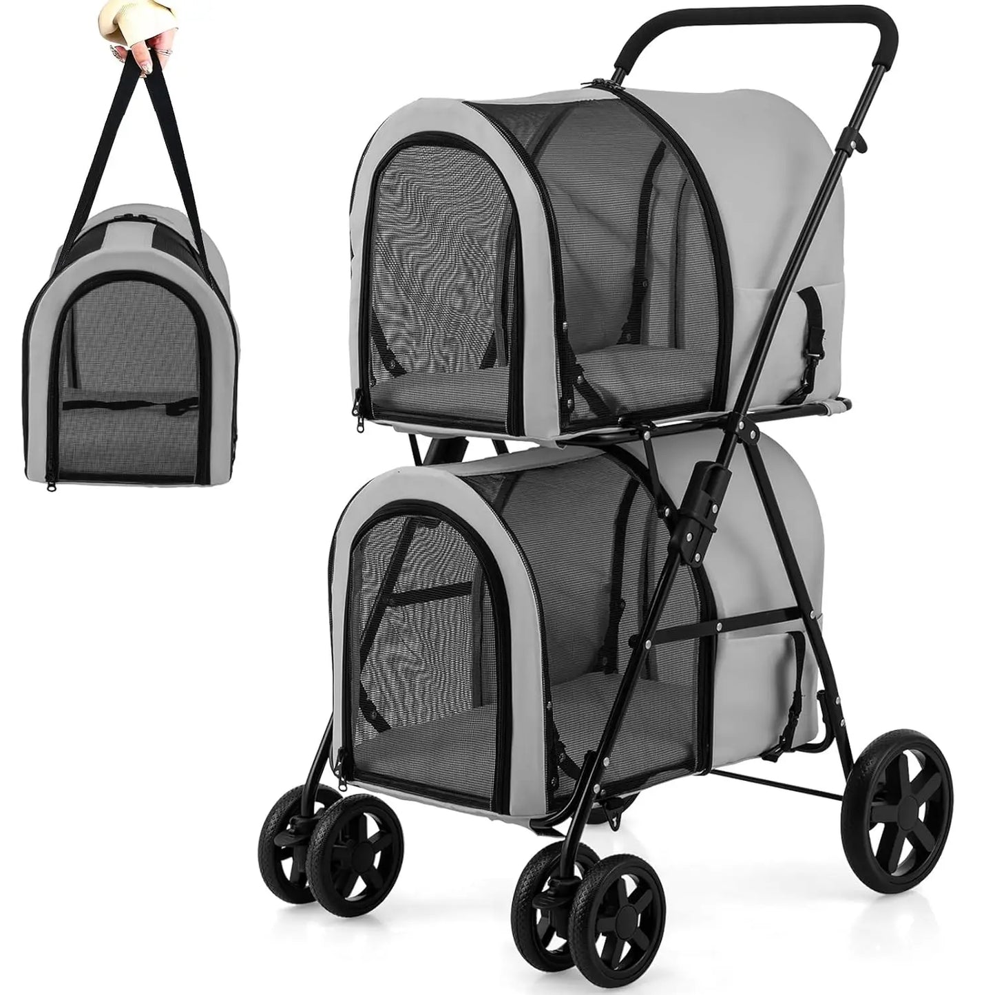 Double Pet Stroller with 2 Detachable Carrier Bags, Safety Belt, 4 Lockable Wheels Cat Stroller Travel Carrier Strolling Cart