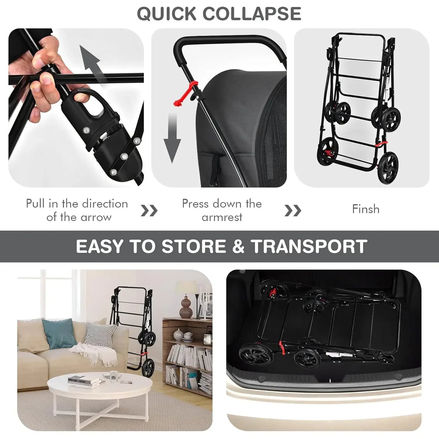 Double Pet Stroller with 2 Detachable Carrier Bags, Safety Belt, 4 Lockable Wheels Cat Stroller Travel Carrier Strolling Cart