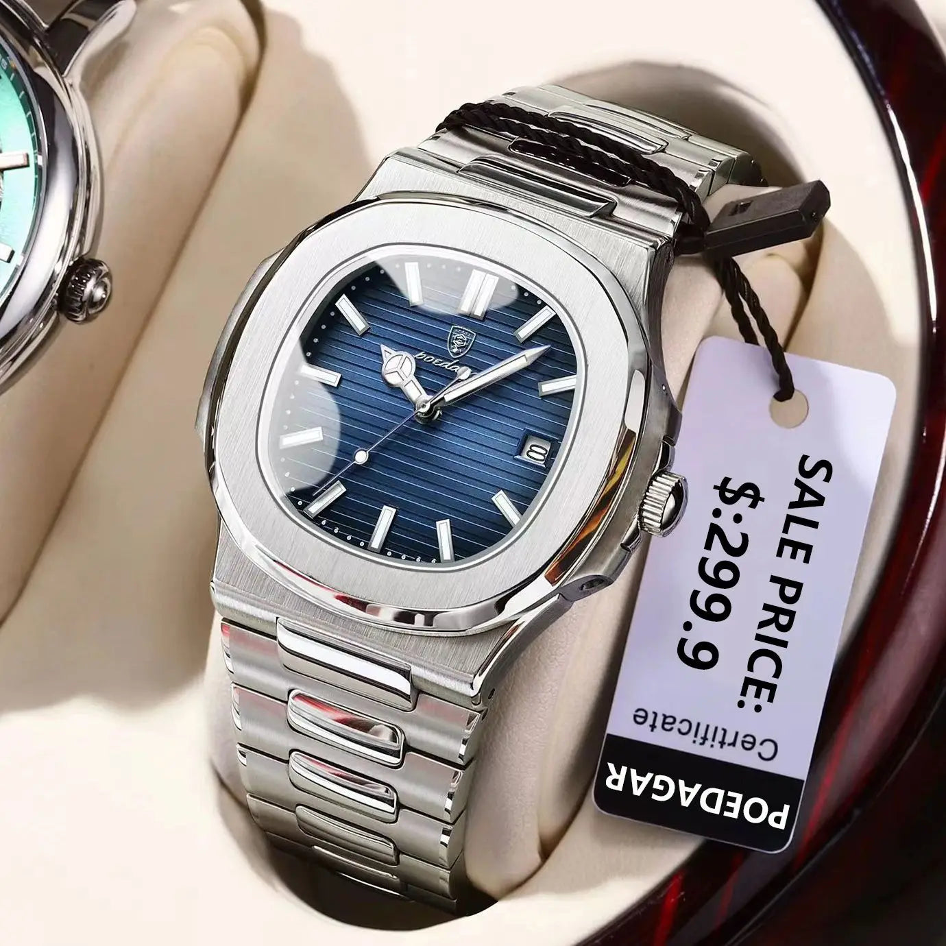 POEDAGAR Luxury Square Dial Stainless Steel Calendar Watch