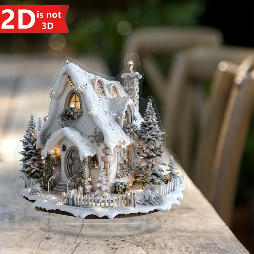 Enchanting snow-themed Christmas house tabletop decor with bracket. Ideal for home and office holidays.