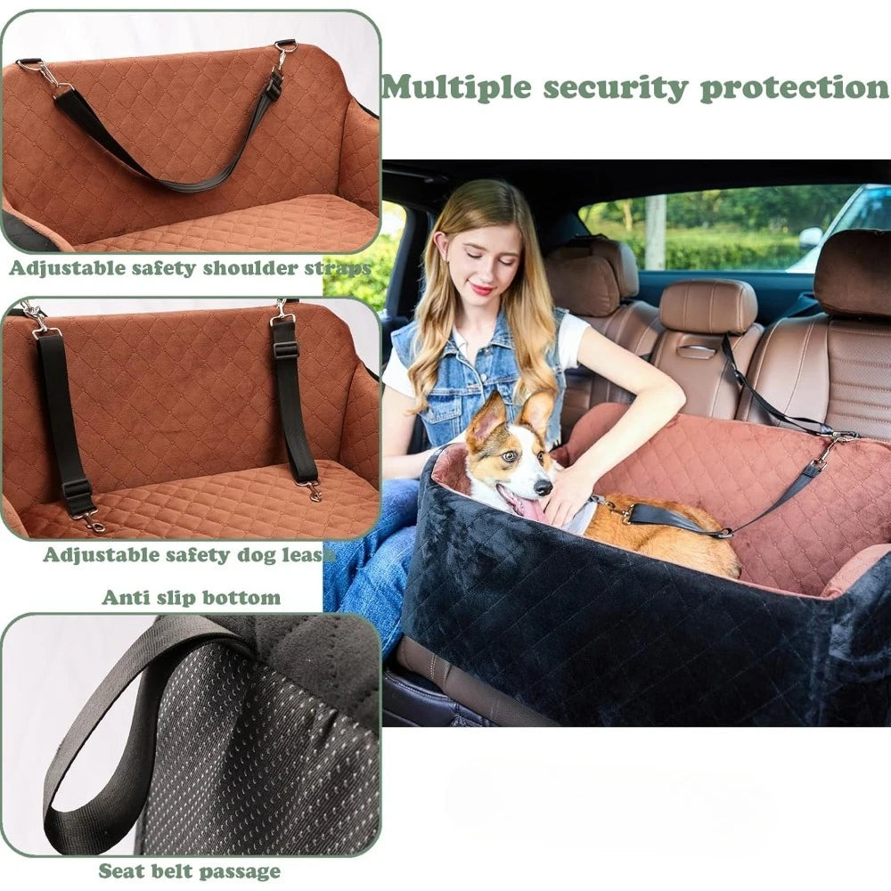 Popular-Black,Large Dog Car Seat Up to 55lb,2 Clip-On Safety Adjustable Leashs Car Dog Bed for 2 Small Dogs,Easy to Install-NEW