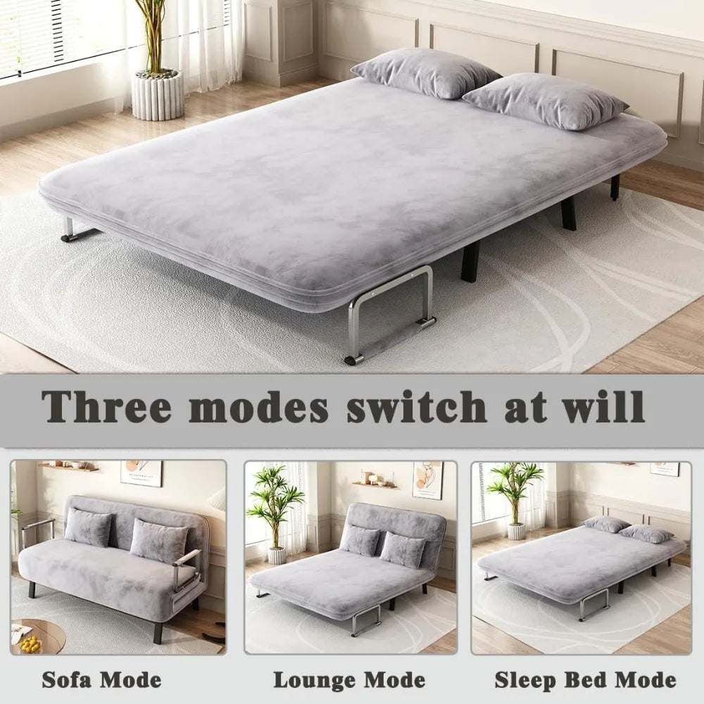 Convertible Queen Sleeper Sofa, 55" Tri-Folding with 6 Adjustable Backrests, Comfy Velvet Loveseat, Modern Futon for Bedroom & L