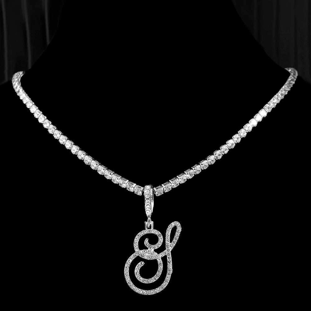 Caraquet Cursive Alphabet Name Necklace CZ Chain Pendant