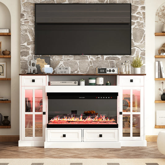 FUFU&GAGA Modern 55'' White Fireplace TV Stand with 12-Color LED Flames, Remote Control, Adjustable Heat & RGB Cabinet Lighting