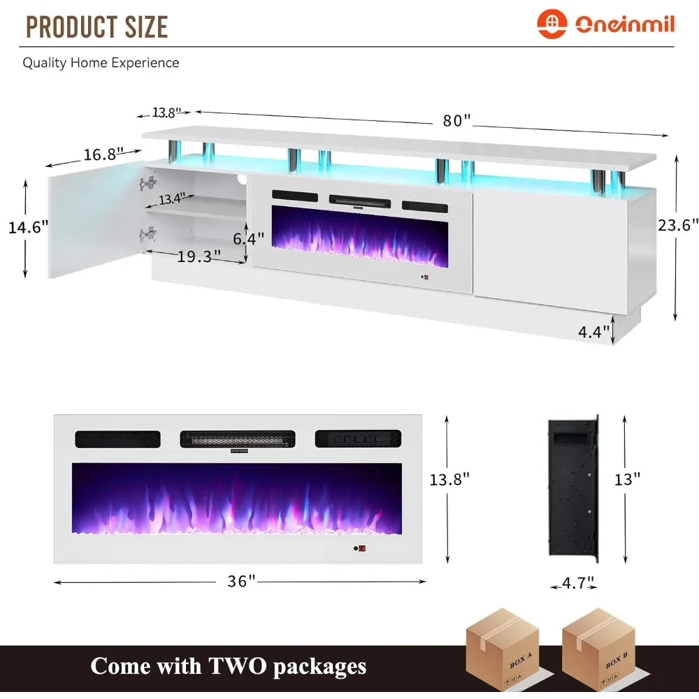 80" Modern Electric Fireplace TV Stand for TVs Up to 90 inch, with Electronic Flame and LED Lights, Luxury High Gloss Finish En