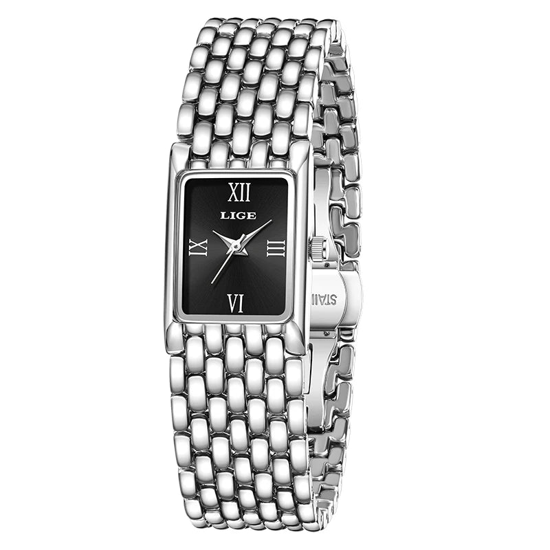 LIGE Retro Rectangle Womens Stainless Steel Quartz Watch