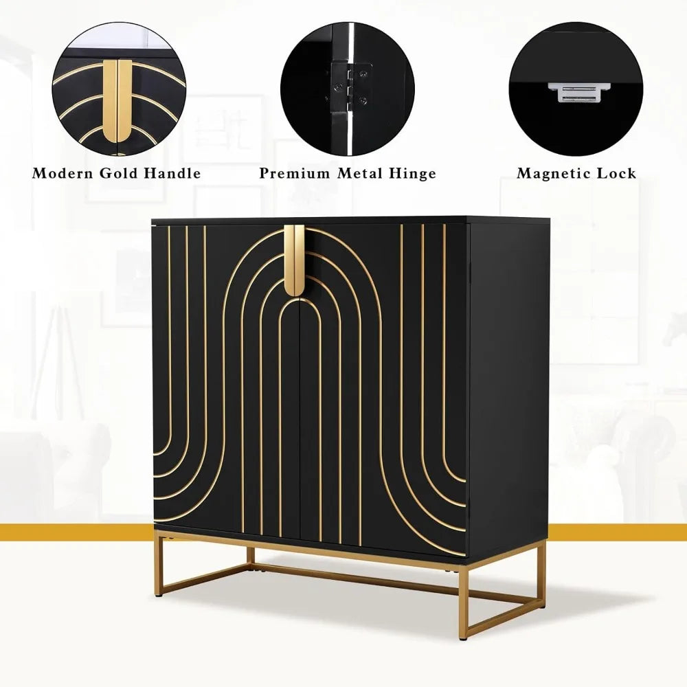 Accent Wood Grain Cabinet with 2 Doors, Storage Cabinet Sideboard with Gold Metal Legs for Living Room,Entryway and Kitchen Din