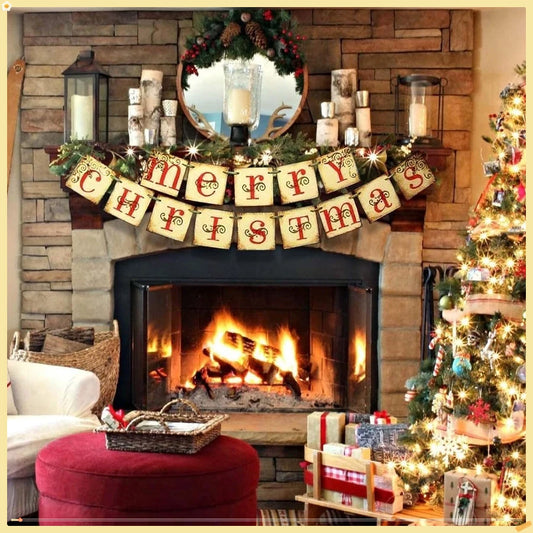 Vintage Merry Christmas Banner Retro Nostalgic Victorian Xmas Decoration