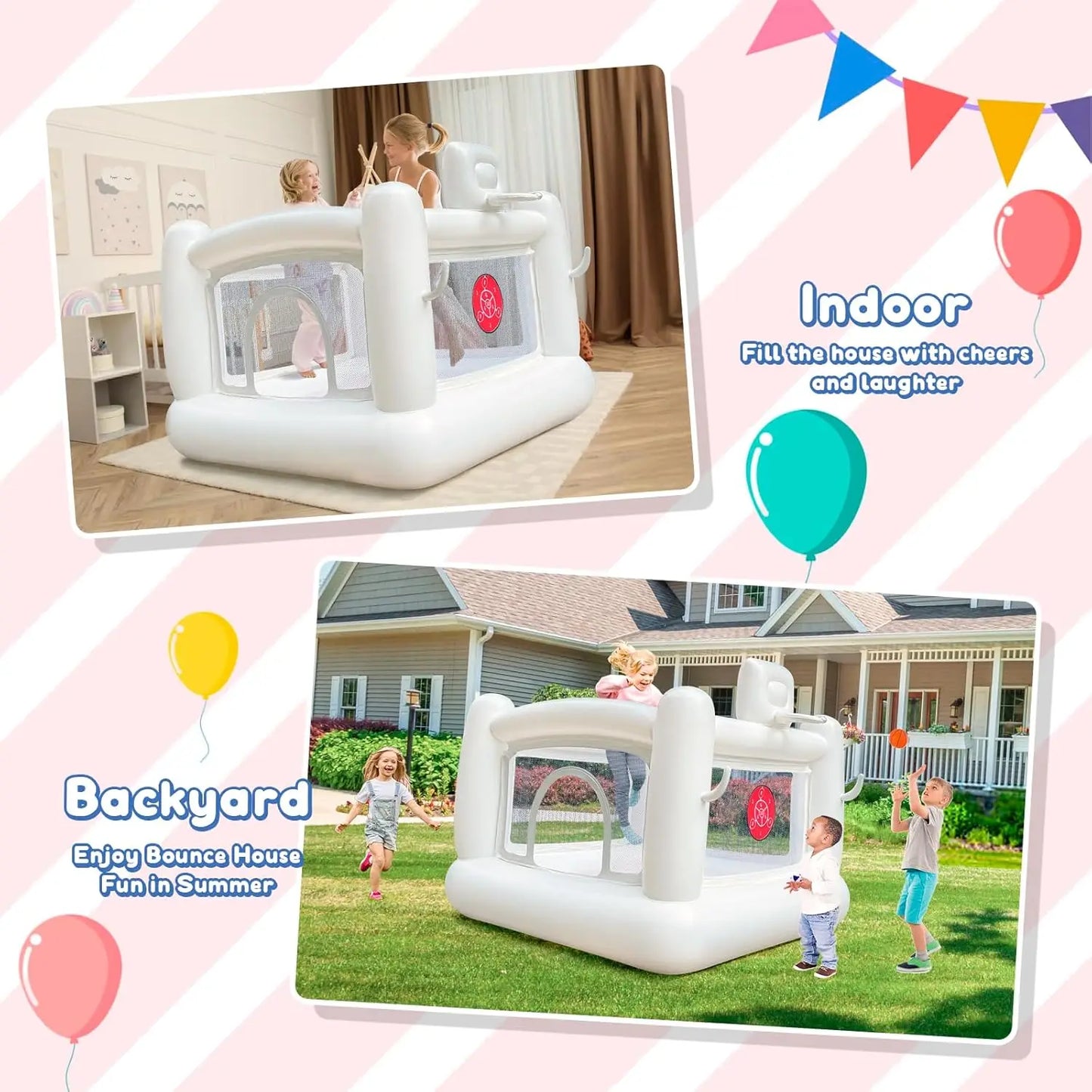 White Bounce House with Pump for Kids 3 to 6 Indoor Outdoor Fun