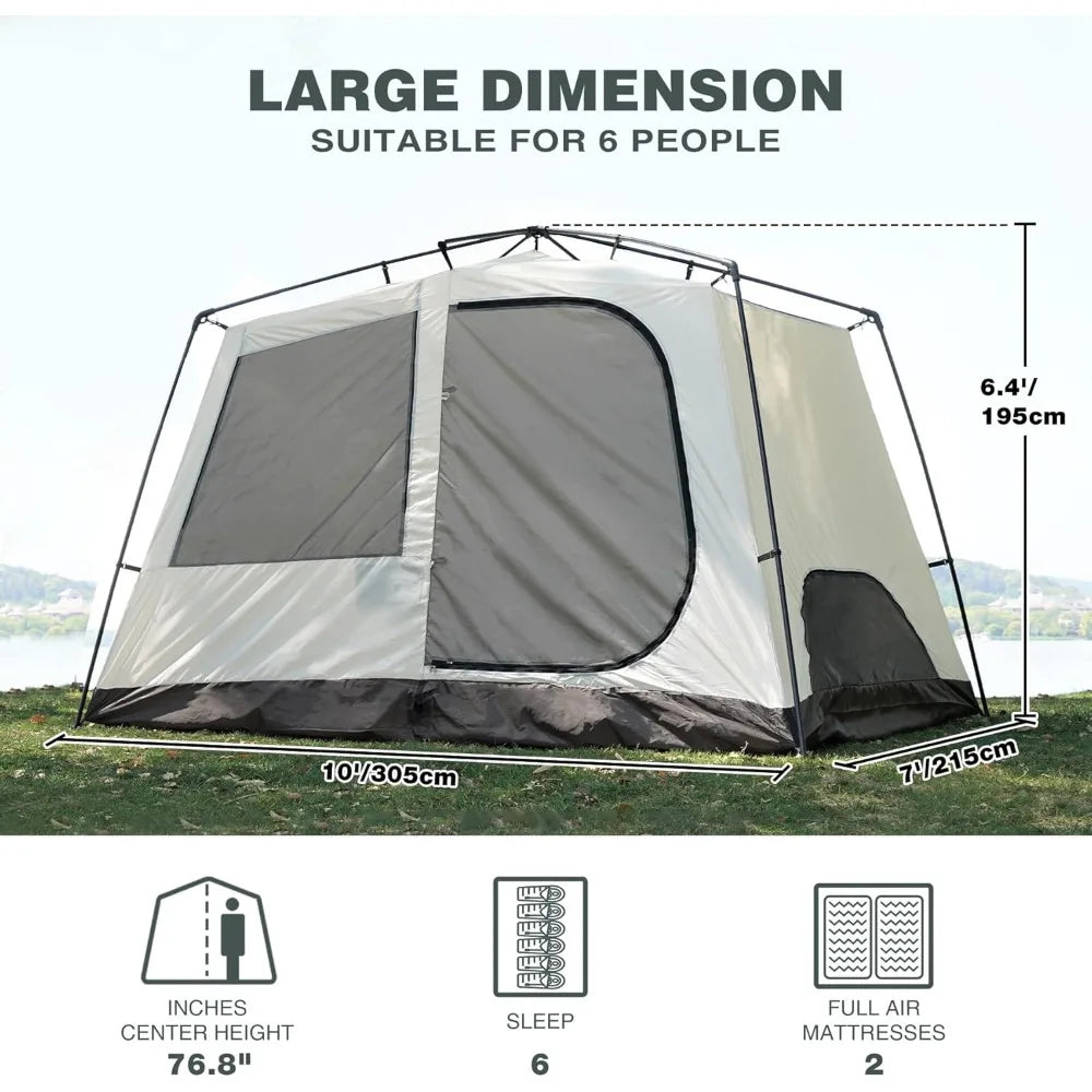 6 Person Tent for Camping Parties, Easy Setup Large Waterproof Windproof Family Cabin Tents with Porch, 10'X7'X78in(H)