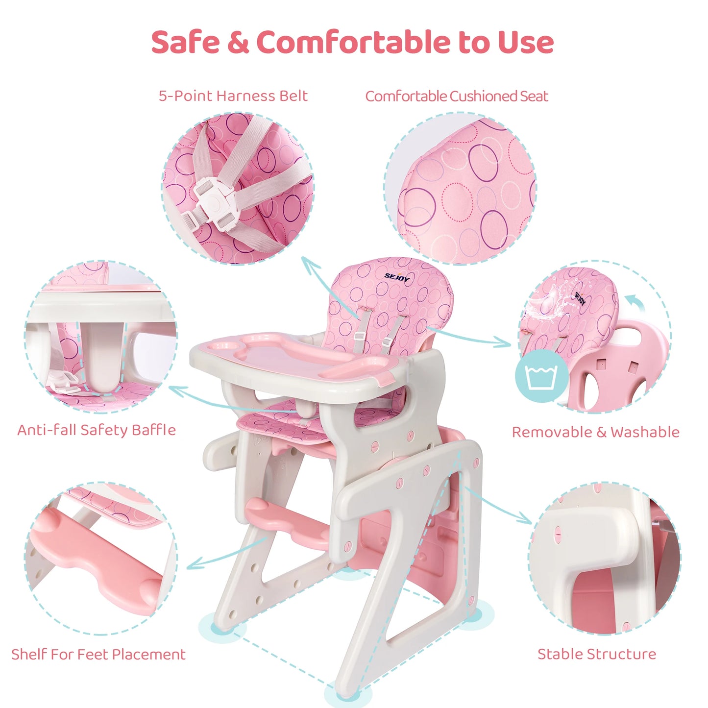 Baby High Chair Foldable  &  2-in-1 with Table Footrest, Detachable Double Tray, Easy to Clean Feeding Detachable Highchair