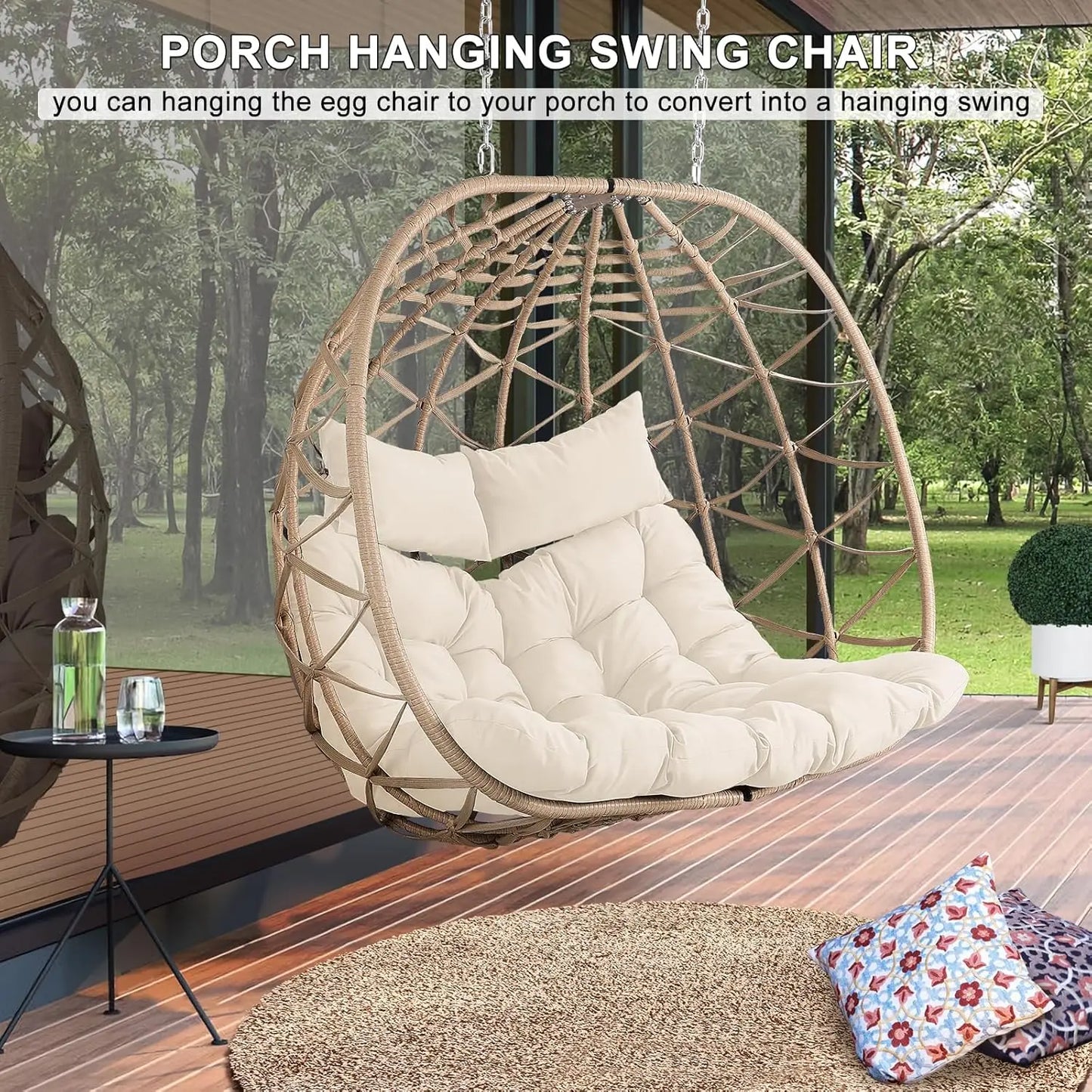 Outdoor Egg Swing Chair with Stand, 2 Person Patio Swing Chairs with Thick Cushions and Pillows, Wicker Double Egg Chair Swing