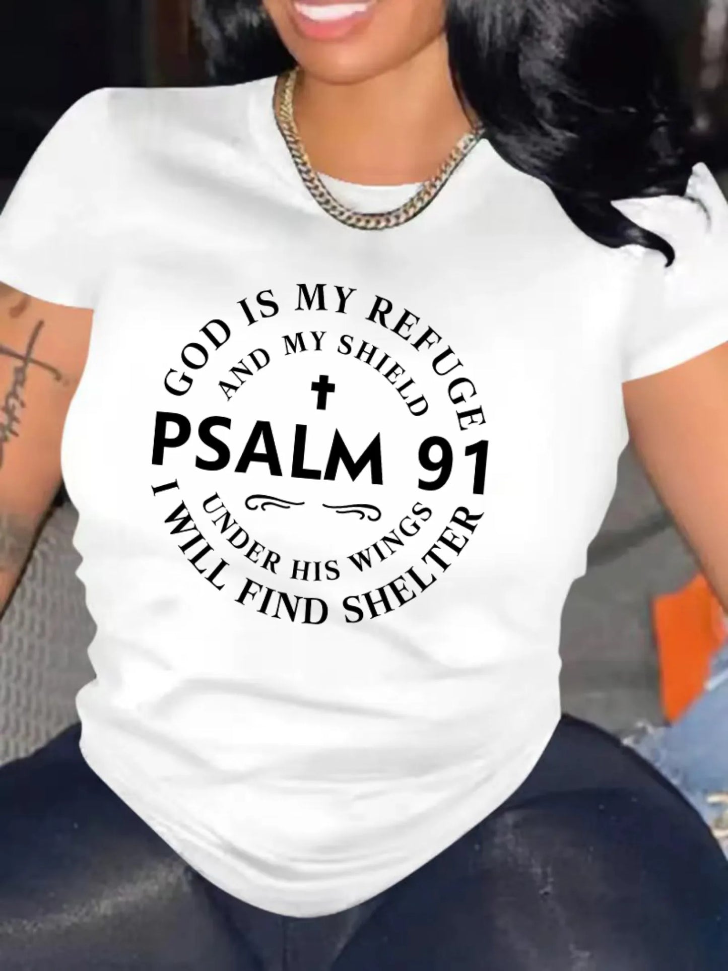 Womens Casual Short Sleeve T-Shirt - Psalm 91 God is My Refuge & Shield Print Inspirational Bible Verse