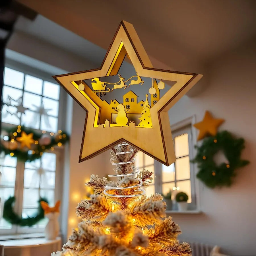 Christmas Tree Topper Star Lighted 3D Wooden Star Topper