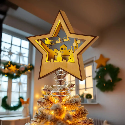 Christmas Tree Topper Star Lighted 3D Wooden Star Topper
