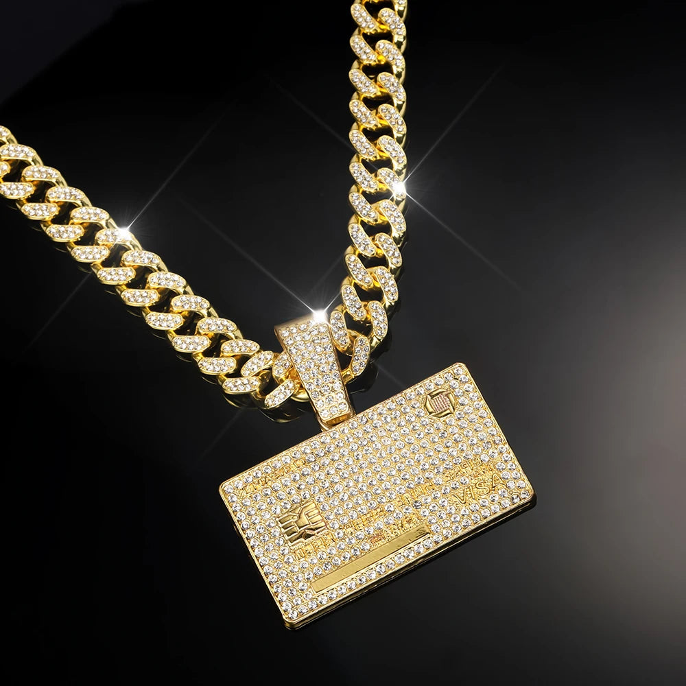 Mens Credit Visa Card Pendant Zircon Cuban Necklace