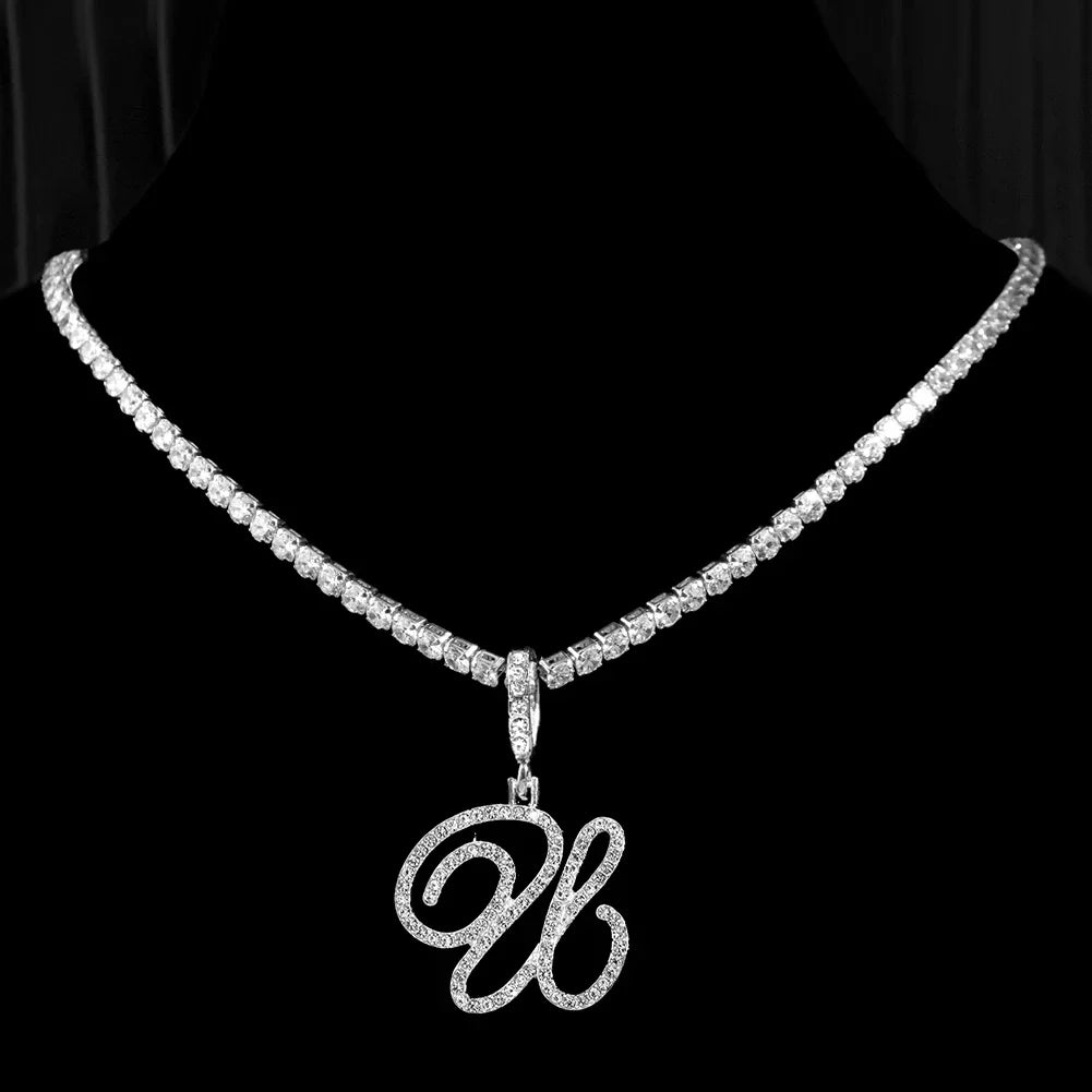 Caraquet Cursive Alphabet Name Necklace CZ Chain Pendant