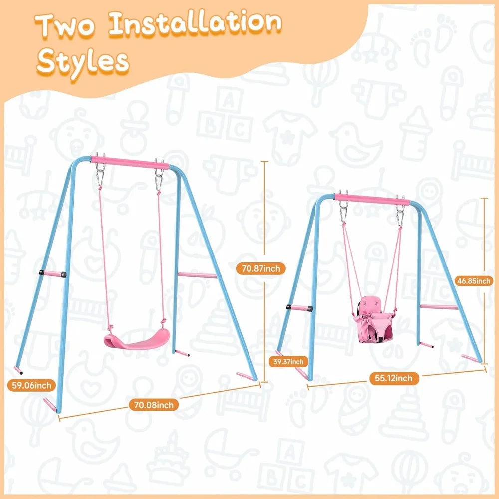 Outdoor Swing Set for Kids with Waterproof Metal Frame and Two Seats